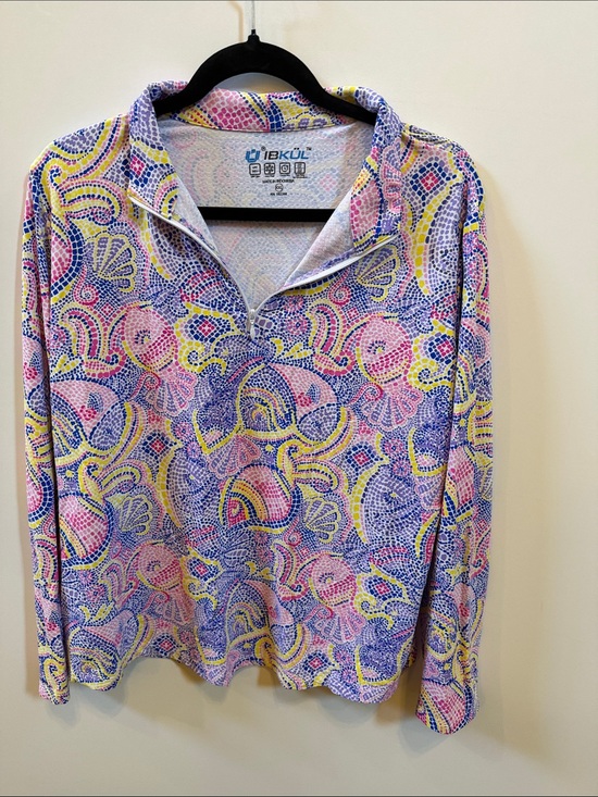 IBKUL Tops - IBKUL Multicolor Pink Blue Yellow Print Long Sleeve Polo